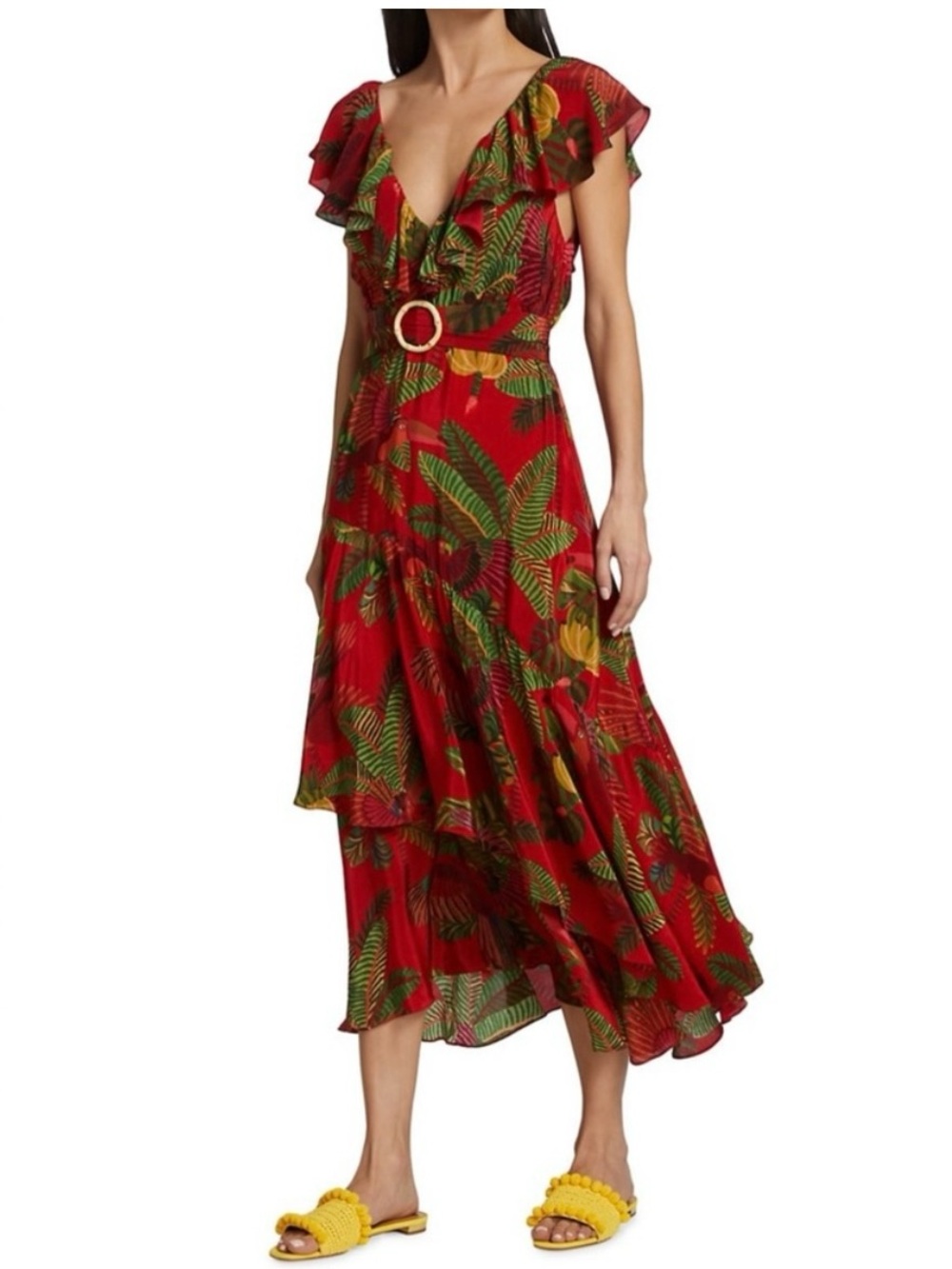 FARM Rio Red Forest birds Ruffle Midi Dress
